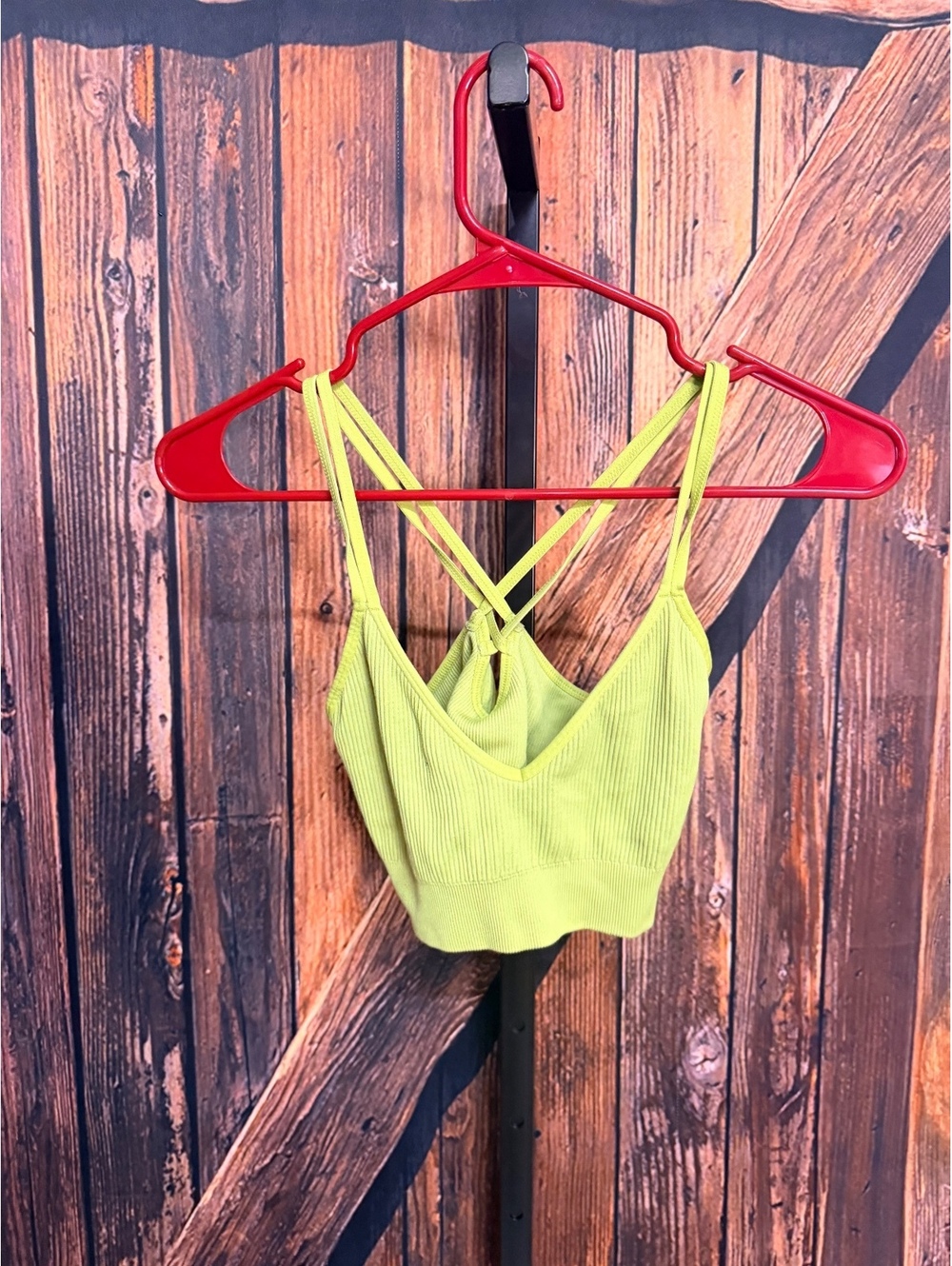 aerie Ribbed Knit Crop Top with Crisscross Straps - Medium - Yellow Green